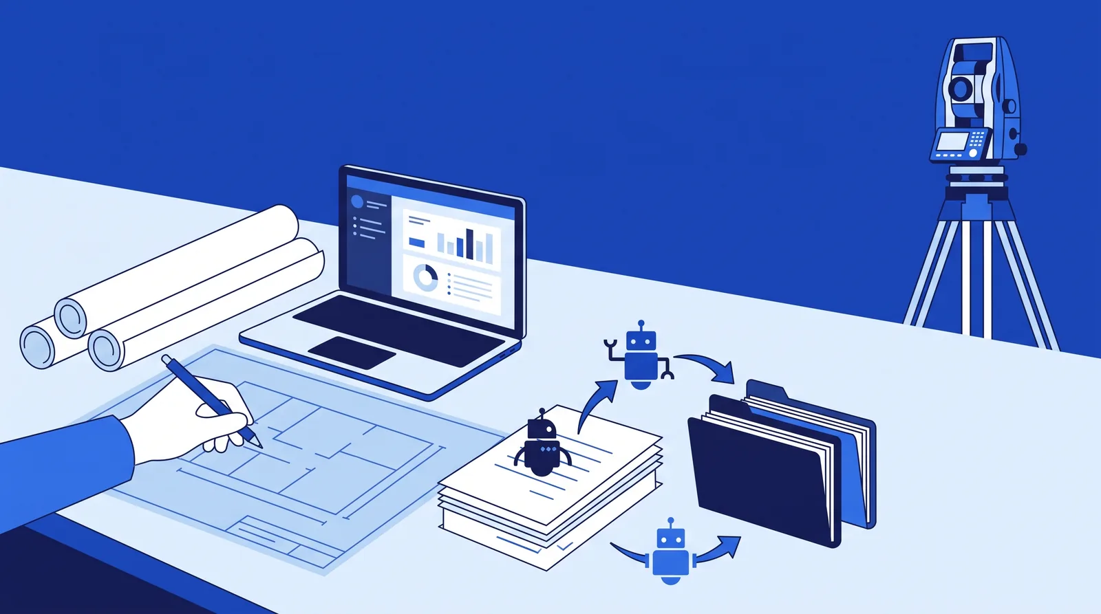 Flat illustration of an engineering office where AI helpers sort project documents while an engineer reviews drawings