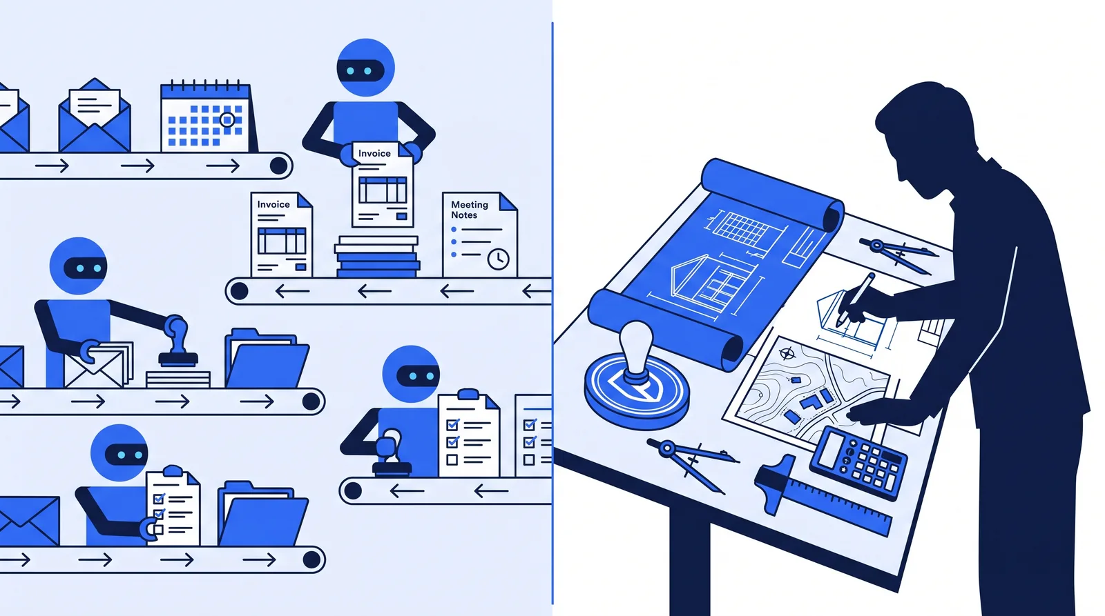 Diagram contrasting admin tasks handled by AI agents with engineering judgment that stays with a licensed engineer