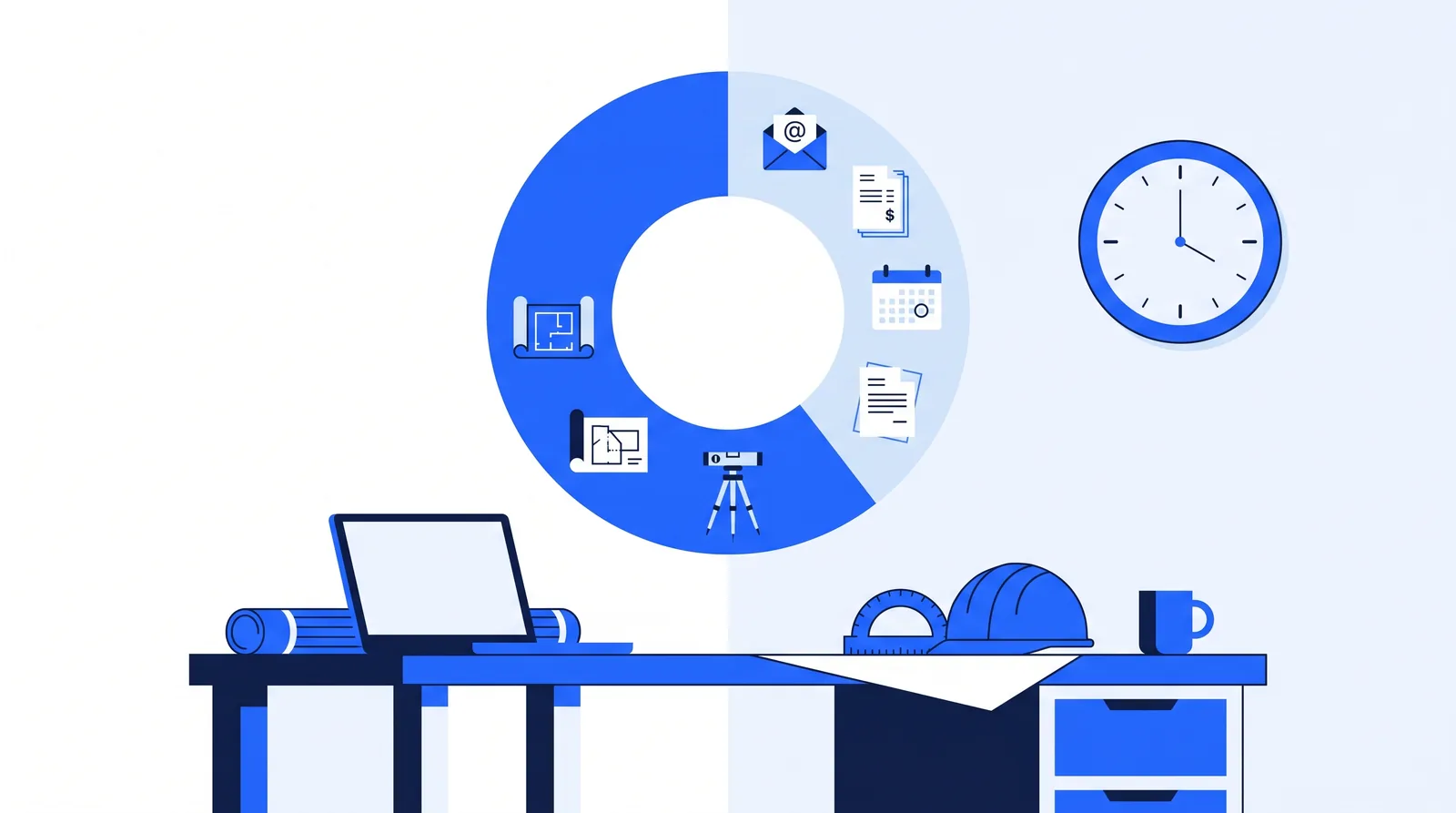 Flat illustration of a pie chart splitting billable project work from non-billable admin time