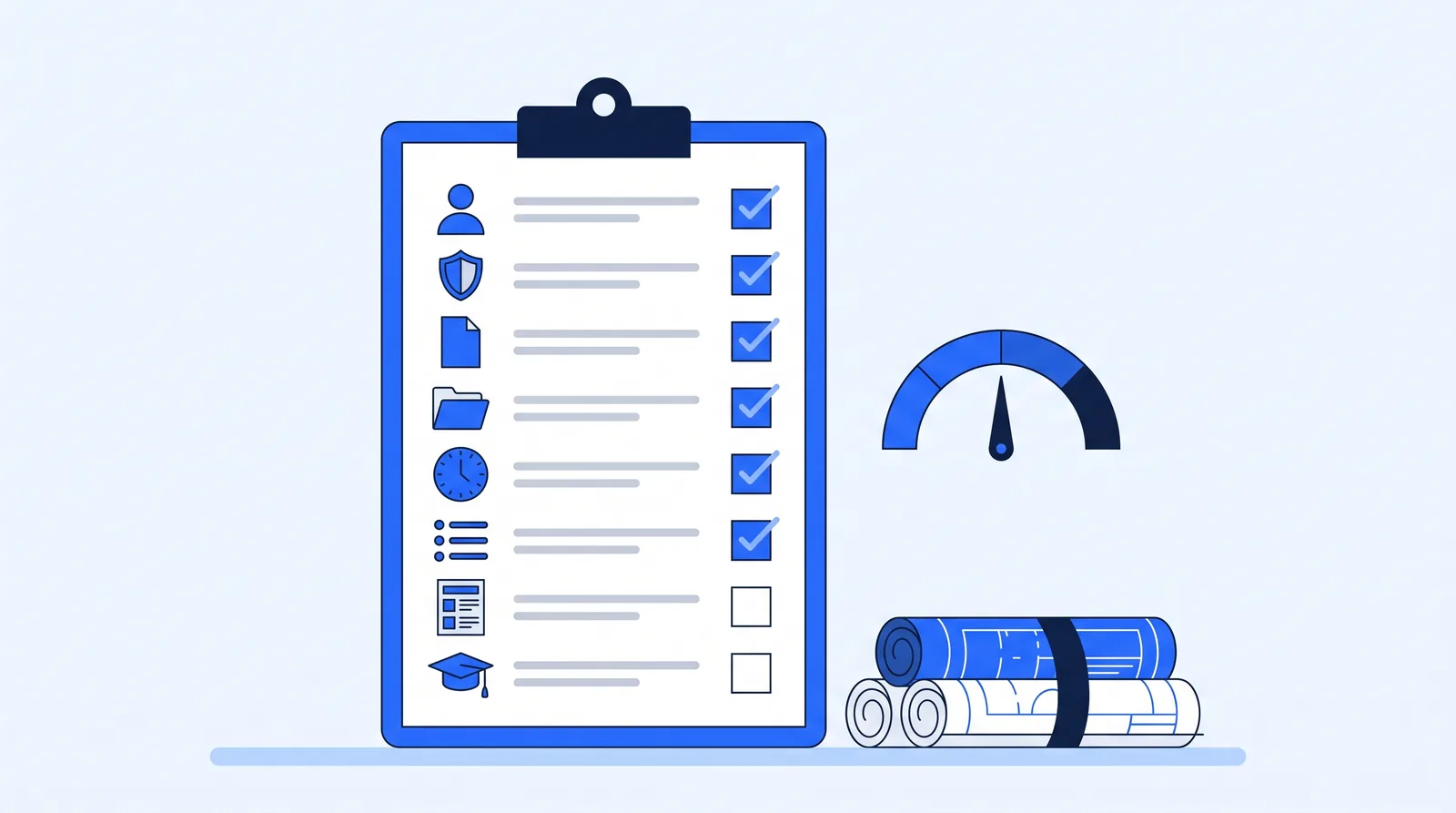 Checklist with eight readiness items, most checked, beside a gauge pointing to the middle