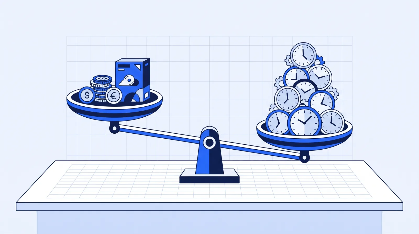 Balance scale tipping toward a stack of saved hours over a small stack of coins