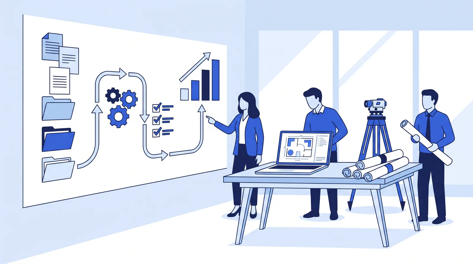Flat illustration of a planning wall with a roadmap path from documents to a rising chart
