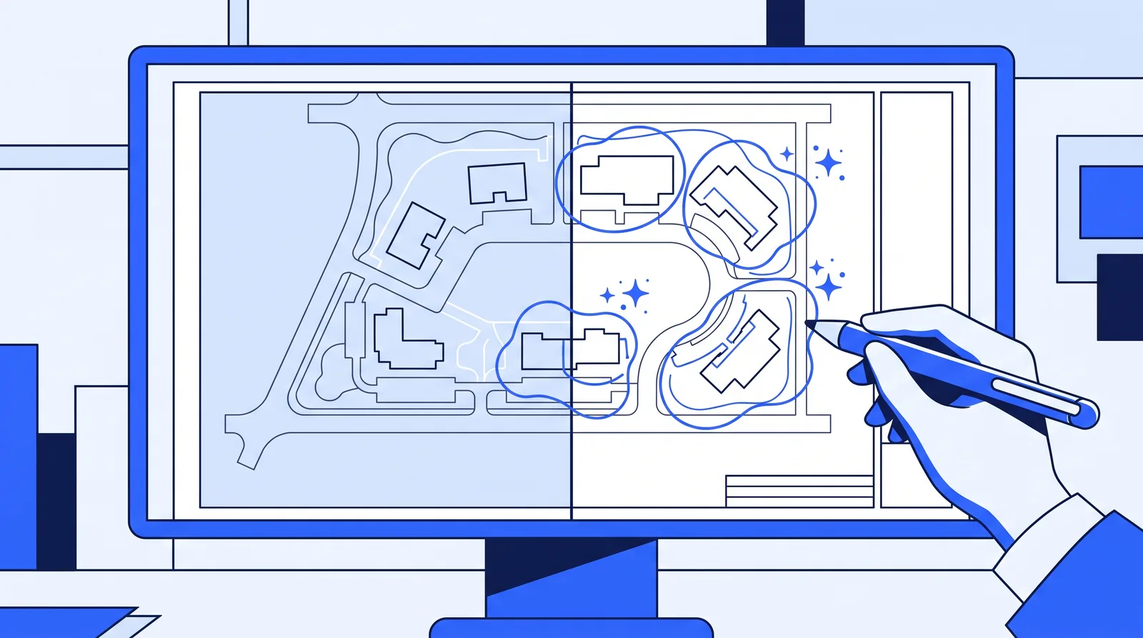 Two revisions of a site plan side by side with AI-highlighted change clouds and a reviewer holding a stylus