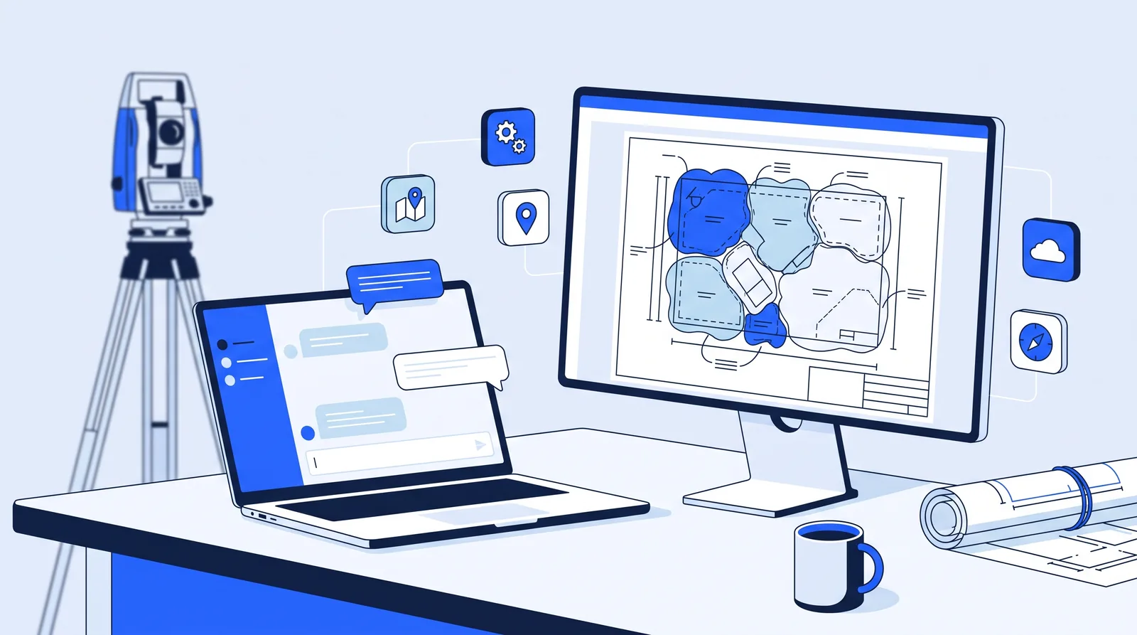 Flat illustration of an engineering office desk with an AI chat, marked-up site plan and survey instrument