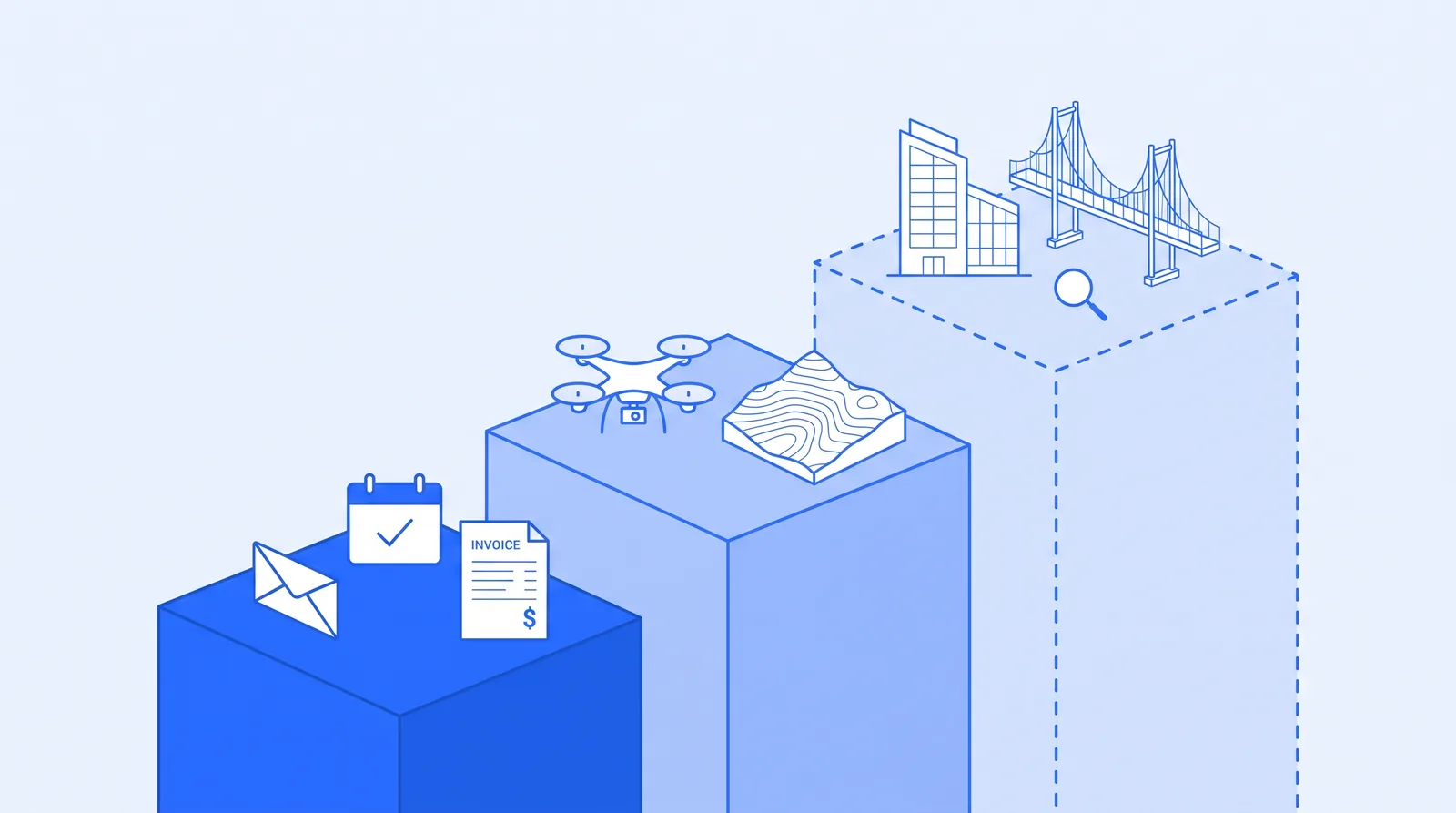 Three platforms rising left to right showing proven admin uses, emerging survey data uses and early design uses