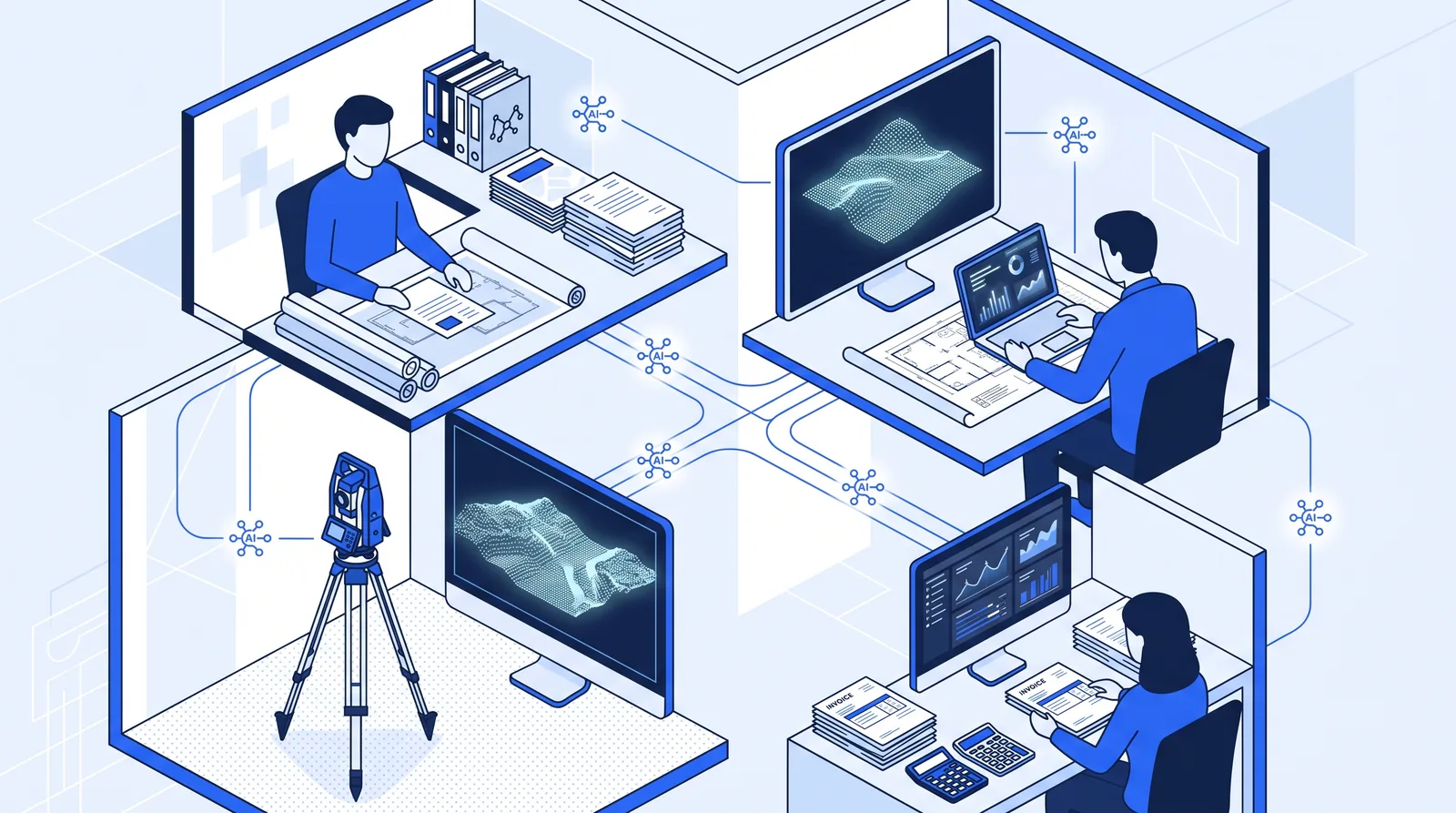 Flat illustration of an engineering and surveying office where AI links proposals, survey data and invoicing