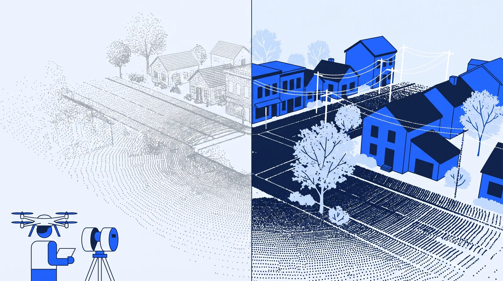 Lidar point cloud of a street shown raw on the left and AI-classified by category on the right