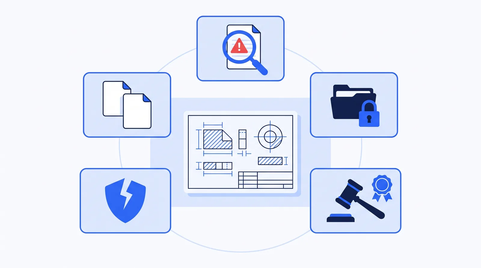 Five AI risk areas arranged around an engineering drawing, from wrong answers to cybersecurity