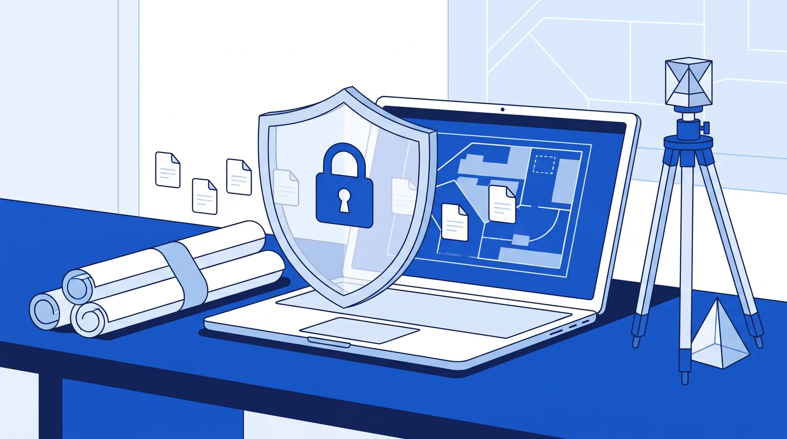 Flat illustration of a shield and padlock guarding a laptop showing a site plan